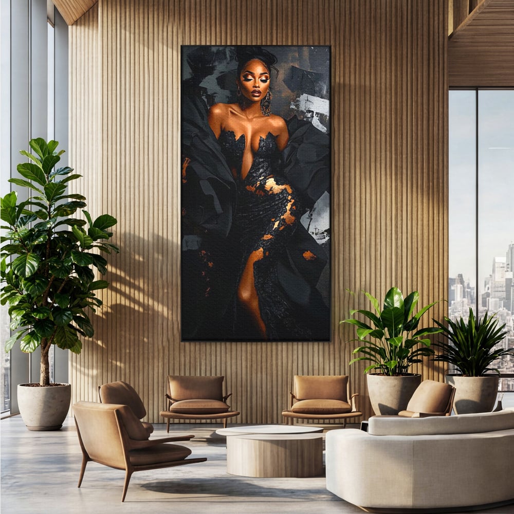 Tablou canvas cu tablou canvas cu portret de femeie, in rama de aluminiu negru, pe perete intr-un birou